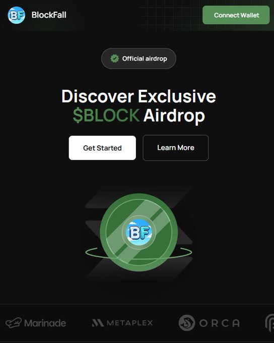 A dark webpage advertises the "BlockFall" platform with the headline "Discover Exclusive $BLOCK Airdrop," featuring "Get Started" and "Learn More" buttons alongside partner logos for Marinade, METAPLEX, and ORCA.