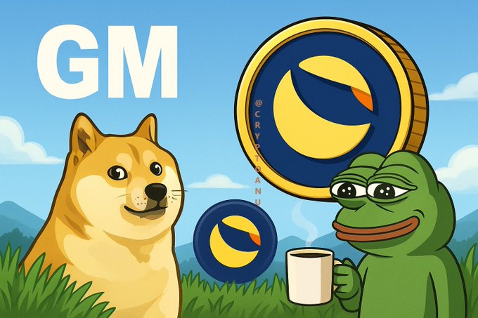 A cartoon image featuring a smiling Shiba Inu (Doge) and Pepe the Frog holding coffee, with two LUNC coins displayed between them and "GM" text in the corner, illustrating the post's "Good Morning" greeting celebrating LUNC as a leading memecoin in the bull run.