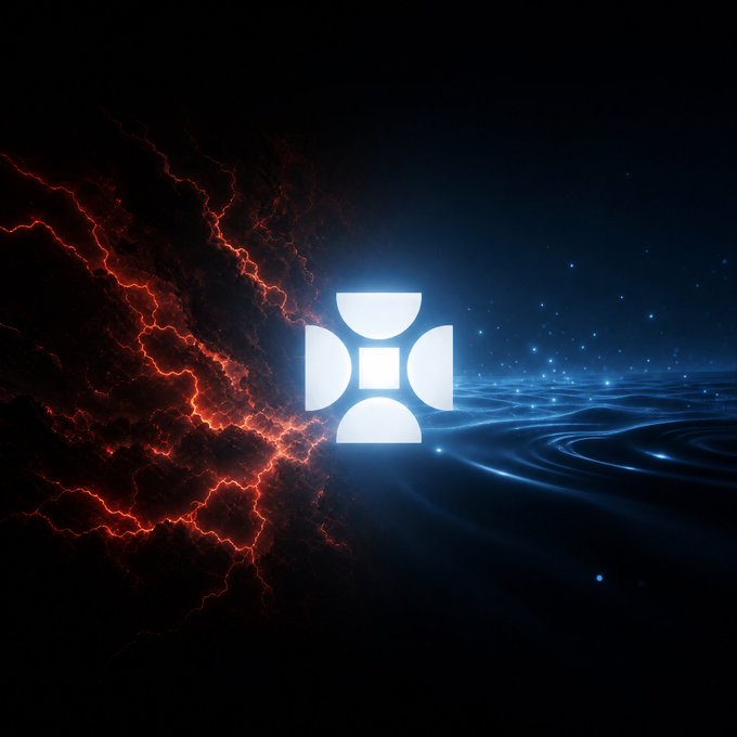 A digital graphic featuring a glowing white geometric logo in the center, set against a dark background with fiery red lightning-like effects on the left and blue water-like ripples on the right.