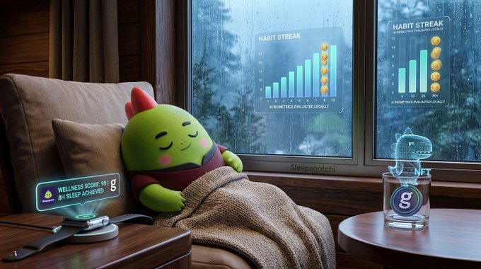 A 3D-style image of a small green dragon-like creature wearing a maroon scarf sleeping under a blanket, with holographic displays showing a 'HABIT STREAK' bar chart and wellness score hovering nearby, labeled with 'Sleepagotchi'.