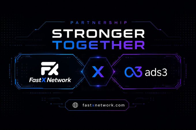 A digital banner with 'PARTNERSHIP STRONGER TOGETHER' promoting a collaboration between FastX Network and ads3, displaying 'fastxnetwork.com'.