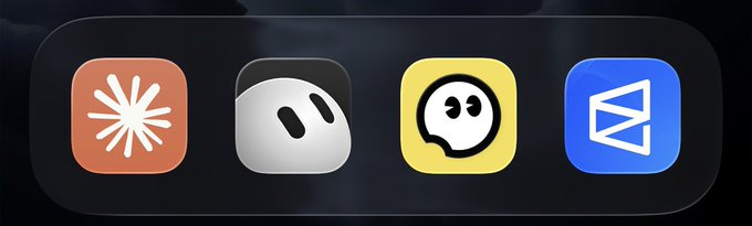 A row of four iOS-style app icons featuring a spinning loader, a smiling white sphere, a speech bubble character, and a blue geometric logo against a dark background.