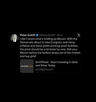 A screenshot of a tweet from Peter Schiff (@PeterSchiff) posted 28 minutes prior, in which he advises followers to sell Bitcoin before a market downturn and instead invest in gold and silver through SchiffGold.com. The accompanying caption reinforces Schiff's recommendation to exit Bitcoin positions in favor of gold investments.