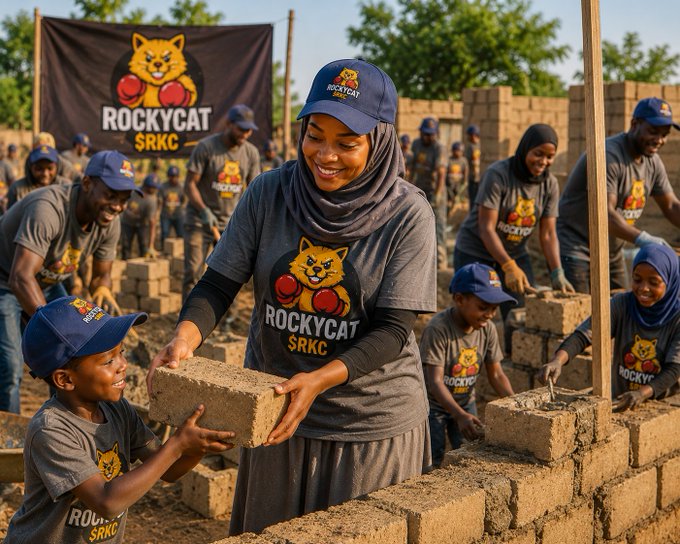 A woman and a young boy, both wearing "ROCKYCAT SRKC" shirts and caps, work together to lay bricks at a construction site alongside a team in matching branded apparel, embodying the "together we build" message of community and shared progress under the #RockyCat #BNB campaign.