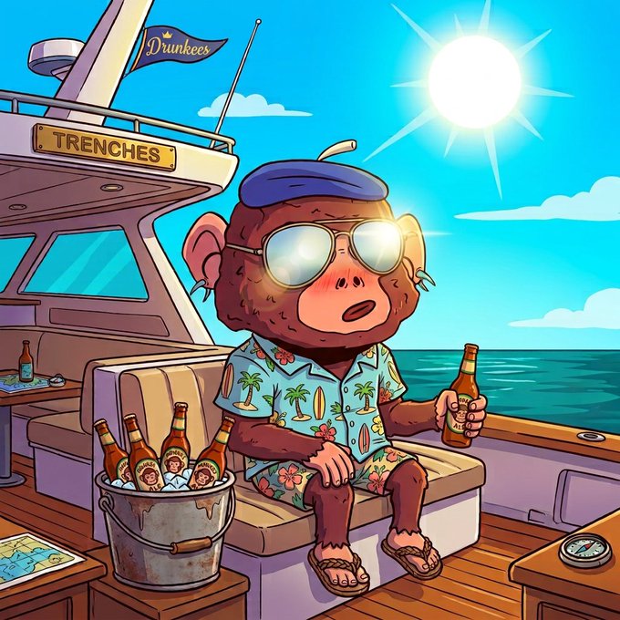 A cartoon illustration of a monkey wearing a blue cap, sunglasses, and a Hawaiian shirt, sitting on a boat named 'TRENCHES' holding a beer, with a bucket of beer beside him.