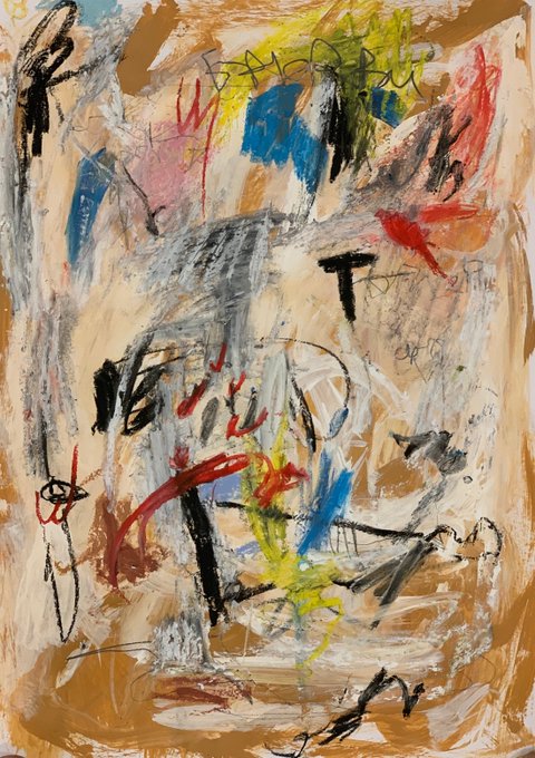 An abstract expressionist acrylic painting featuring chaotic black gestural strokes overlaid on a warm beige base with splashes of red, blue, yellow, and pink; a small "B" is faintly visible in the upper left corner. The work, titled "Excavation," visually embodies its name through its layered, scraped-together composition, with the accompanying caption noting it is a 25-edition mint on Tezos.