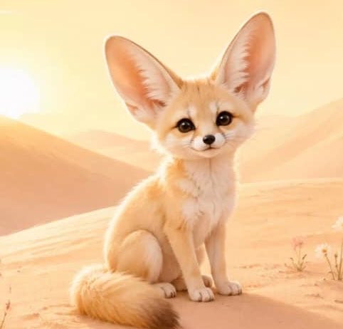 A digital illustration of a fennec fox with large ears sitting in a desert landscape under a warm, glowing sky.