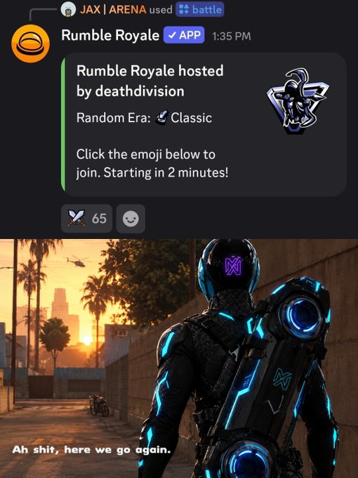 A screenshot of a Discord message from the Rumble Royale app announcing a 'Rumble Royale hosted by deathdivision' in Random Era: Classic, with an image below featuring a character with glowing blue tech-suit elements in a sunset setting, captioned 'Ah shit, here we go again...'