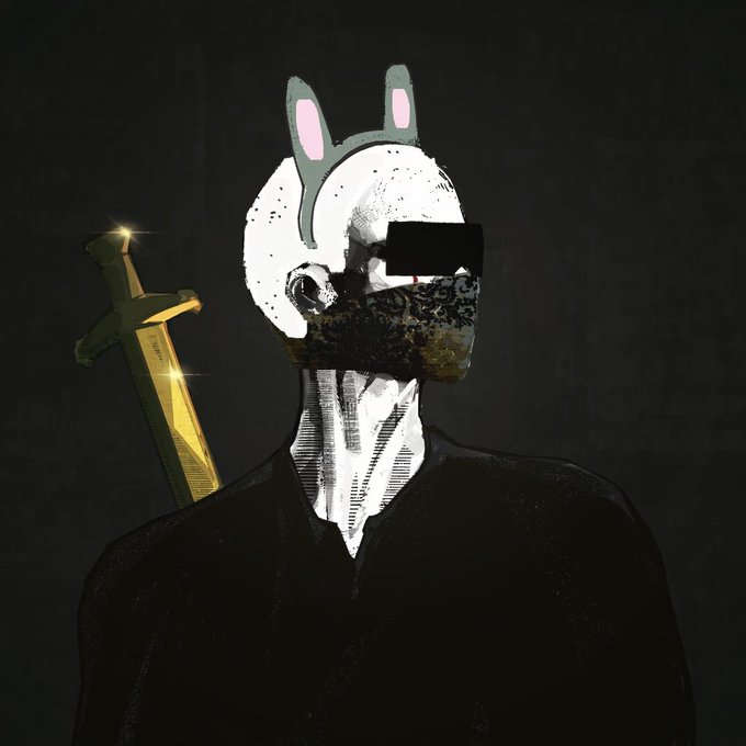 A dark, stylized illustration of a figure with rabbit ears, a blank rectangular visor, and an ornate gold and black mask, carrying a glowing sword over their shoulder.
