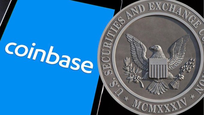 A split image showing the Coinbase logo on a blue background next to the seal of the U.S. Securities and Exchange Commission.