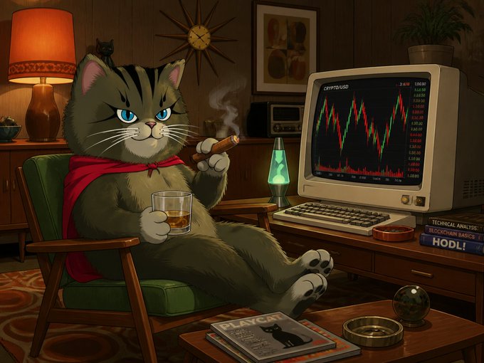 An AI-generated illustration of a gray tabby cat wearing a red scarf, smoking a cigar and holding a glass of whiskey while sitting in a green armchair looking at a cryptocurrency trading chart on a vintage computer monitor.