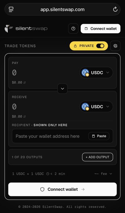 A mobile screenshot of app.silentswap.com showing a token trading interface with USDC selected, 'Connect wallet' button, and 'Paste your wallet address here' field.