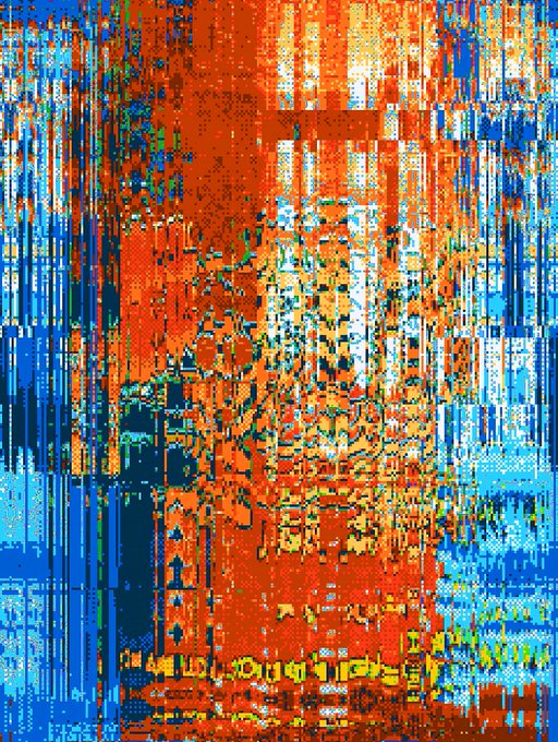 A heavily distorted, glitch-art style image with orange, blue, and yellow pixelated patterns and vertical streaks.