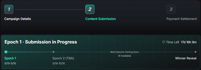 A screenshot of a campaign progress interface showing steps 1-3: Campaign Details, Content Submission (current step 2), and Payment Settlement, with Epoch 1 (8/19-9/8) in progress and a 'Time Left 17d 16h 9m' countdown.