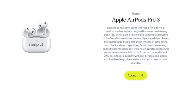 The image is a product advertisement for Apple AirPods Pro 3 sold by Ramp, highlighting features like 2x improved Active Noise Cancellation, 8 hours of battery life with ANC, IP57 rating, and built-in heart rate sensing, with a yellow "Accept" call-to-action button. The "Time is money. Hear both." tagline cleverly plays on the dual meaning of hearing, suggesting the AirPods let you stay productive while enjoying quality audio.