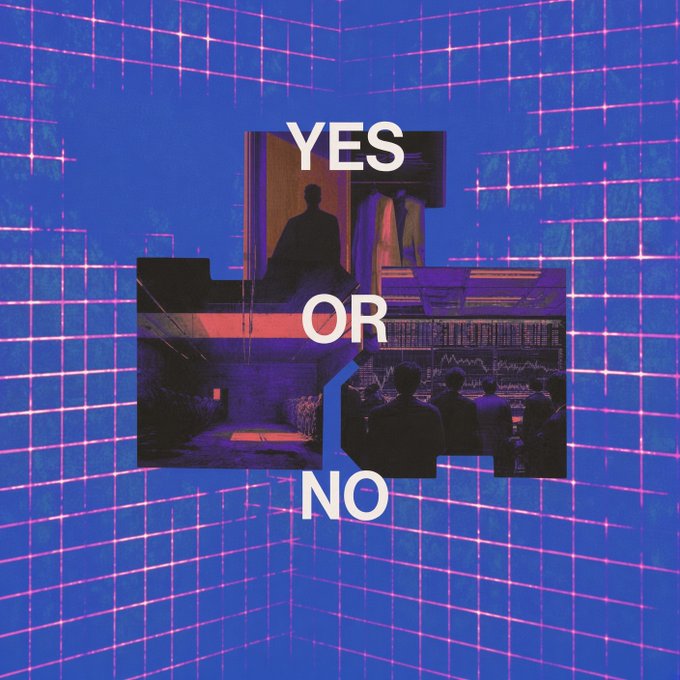 A stylized purple and blue graphic with a neon grid background featuring the text 'YES OR NO' overlaid on images of people in office and control room settings.
