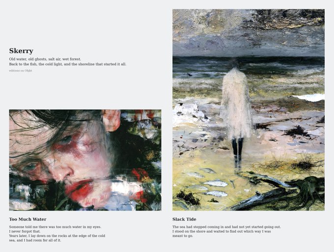 An art exhibition display titled 'Skerry' featuring two paintings: 'Too Much Water' depicting a face with red tones and 'Slack Tide' showing a figure on a beach.