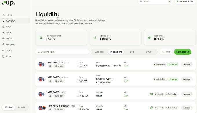 A screenshot of a cryptocurrency DeFi liquidity dashboard showing a total value locked of $7.51m, volume of $19.60m, and various NIPS/WETH and NIPS/STONKSBROKER pool positions.