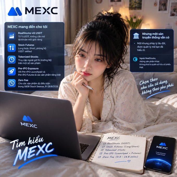 A promotional advertisement for MEXC exchange features a young Asian woman with a laptop and notebook, highlighting features like RealStocks với USDT, Stock Futures, Tokenized Stocks, Pre-IPO Exposure, and Zero Fee promotions in Vietnamese.