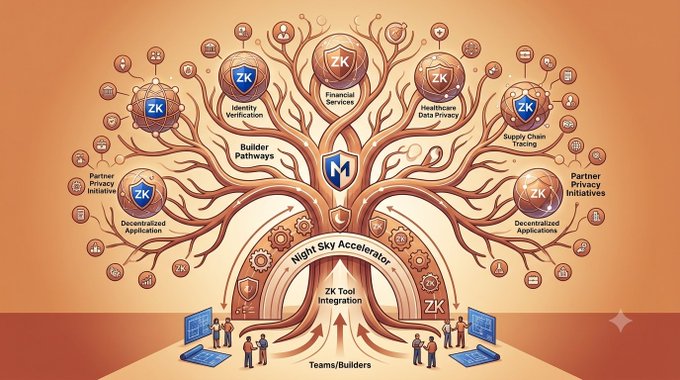 A stylized tree diagram illustrating a 'Night Sky Accelerator' ecosystem featuring 'ZK Tool Integration', 'Builder Pathways', and various ZK applications including Identity Verification, Financial Services, Healthcare Data Privacy, and Supply Chain Tracing.