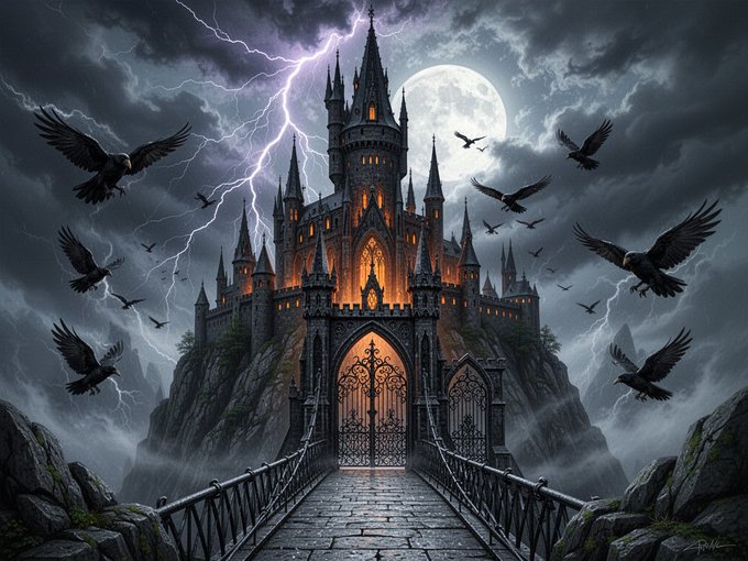 The image features a castle with a moat, surrounded by a bridge that leads up to its entrance. The castle has a large tower and a smaller one at the base of the structure. A group of birds can be seen flying around the castle in the sky above it. Below the castle, there is a stone path leading towards the entrance. In the background, a full moon is visible against a dark sky with clouds.