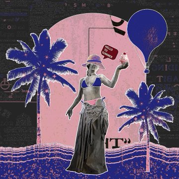 A vibrant collage-style Tezos Tuesday artwork features a woman in a purple bikini top and long skirt holding a drink and a "Hello, my name is" tag, surrounded by palm trees and a pink sun against a textured dark background.