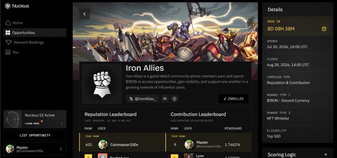 A screenshot of a Web3 platform called 'Nucleus' displaying the 'Iron Allies' opportunity, with an 8D 08H 38M countdown, a reputation leaderboard, and details indicating an NFT whitelist reward.