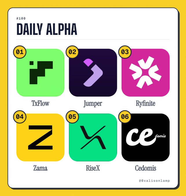 A 'Daily Alpha' infographic (#100) by @0xalisonlamp showcasing six crypto/web3 project logos: TxFlow, Jumper, Ryfininte, Zama, RiseX, and Cedomis.
