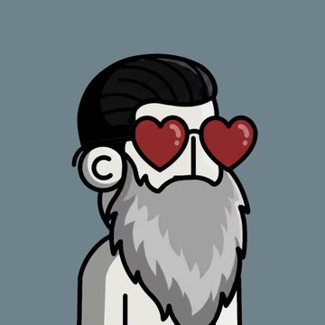 The image features a cartoon character with a long beard, wearing glasses that have red hearts on them. The character has a white body and black hair. The background of the image is blue, which contrasts with the character's white body. There are no texts or other objects in the image. The character appears to be looking directly at the camera, giving an impression of being aware of their surroundings. The post that accompanies this image reads: "Feels like my @npconchain and @JirasanOfficial NFTs became best buds almost instantly." This phrase is likely a reference to the character's popularity or the character's resemblance to a popular meme or internet sensation.