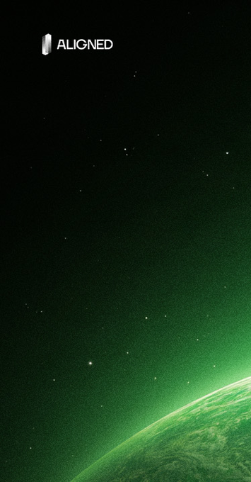 A glowing green planet rises beneath a starry black sky, with the word "ALIGNED" at the top—mirroring the post's vision of Ethereum bringing the world into cosmic harmony and alignment.