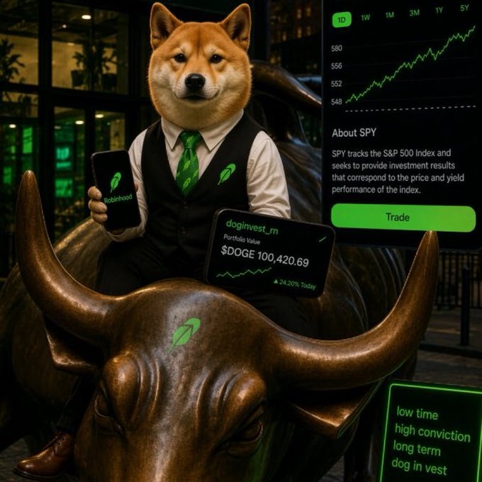 Crypto/investing themed artwork featuring a Shiba Inu dog dressed in a vest and green tie, sitting on a bronze bull statue (Wall Street reference). The dog holds a smartphone displaying the Robinhood logo, while a screen shows 'SPY' ETF information about S&P 500 tracking and a 'Trade' button. A portfolio shows '$DOGE 100,420.69' with +24.20% Today, and text reads 'low time, high conviction, long term, dog in vest'.