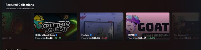 A dark-themed digital storefront displays 'Featured Collections' for 'This week's curated collections,' including 'Critters Quest' floor price $1.26 (+42.7%), 'Frogana' at $35.31 (-0.8%), and 'GOATS' at $16.47 (+10.1%).