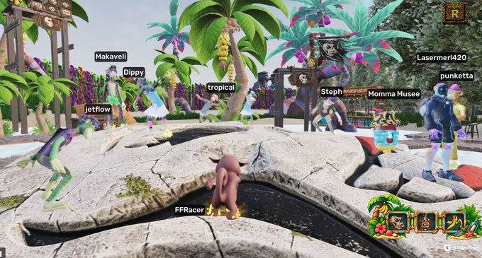 A screenshot of a virtual tropical environment showing various player avatars with usernames including 'Makaveli', 'Dippy', 'tropical', 'jetflow', 'FFRacer', 'Steph', 'Momma Musee', 'Lasermer420', and 'punketta'.