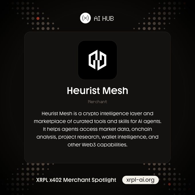 An AI Hub XRPL x402 Merchant Spotlight card for Heurist Mesh, describing it as a crypto intelligence layer and marketplace of curated tools and skills for AI agents, with the URL xrpl-ai.org.