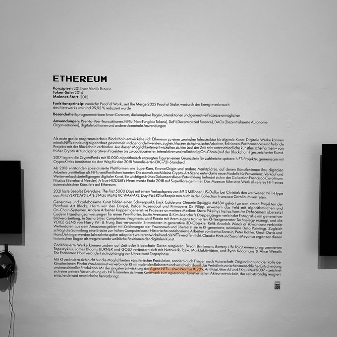 An informational museum or gallery placard titled 'ETHEREUM' describing Vitalik Buterin's 2013 concept, explaining it as a programmable blockchain with smart contracts, DeFi, DAOs, and NFTs, along with its history from 2015 to 2022.