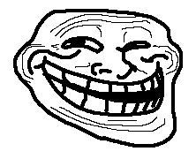A black-and-white line drawing of the classic 'Trollface' meme, depicting a grinning cartoon face with a mischievous smile.