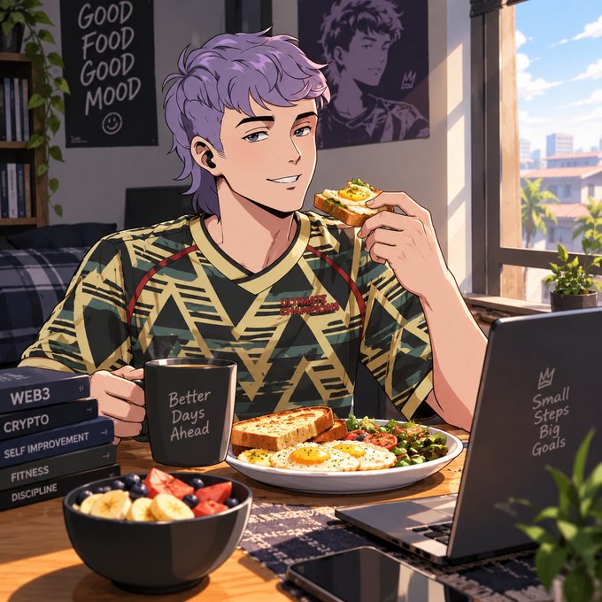 An anime-style illustration shows a purple-haired person eating toast at a sunny desk with fruit, eggs, books, and a laptop labeled “Small Steps Big Goals.”
