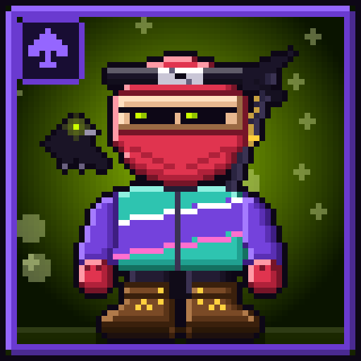 A pixel art character with a red helmet and face covering, wearing a teal and purple outfit, displayed in a purple-bordered frame with a spade icon.