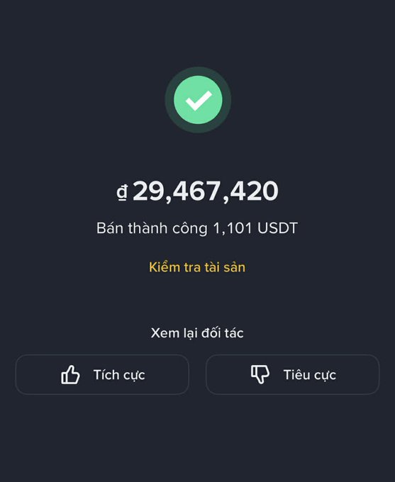 A mobile app screen showing a successful transaction with a green checkmark, displaying ₫29,467,420 for a successful sale of 1,101 USDT, with options to check assets and view counterparty.