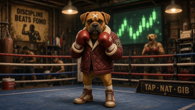 A dog wearing red boxing gloves, a red jacket, and boots stands in a boxing ring, with posters reading 'DISCIPLINE BEATS FOMO' and 'TAP . NAT . GIB' in the background.