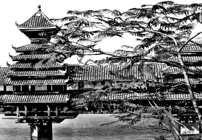 A striking black-and-white photograph showcasing an ornate multi-tiered pagoda-style bridge with traditional curved roofs, partially framed by the delicate, feathery foliage of a tree in the foreground. The timeless, serene scene complements the post's tranquil "Good night" sentiment, evoking a sense of calm beauty that pairs with the Tezos NFT artwork "Accordance."