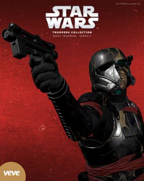 Star Wars Troopers Collection Series 2 promotional artwork showing a dark-armored trooper pointing a blaster, with the 'veve' logo in the corner.