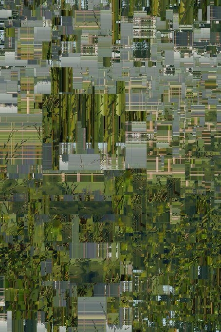 A heavily distorted, pixelated image composed of fragmented blocks of green, brown, and gray tones that obscure any recognizable subject.
