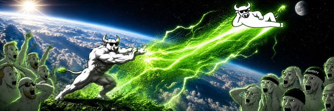Two horned bulls battle in space above Earth, with one unleashing a massive green lightning blast at the other, while cheering green-tinted spectators—including ones wearing "PUBG" and "LIQUIDITY" headbands—watch the cosmic showdown, visually capturing the bullish energy and community hype around the $BULL token project on the Robinhood chain.