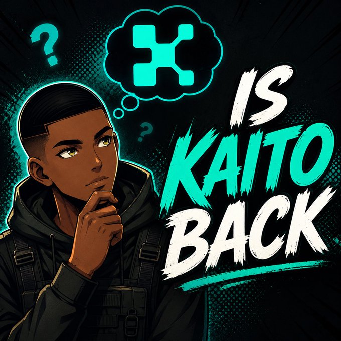 An illustrated graphic of a young man in a dark hoodie with a thought bubble showing a puzzle piece, alongside the text 'IS KAITO BACK' in white and teal lettering.