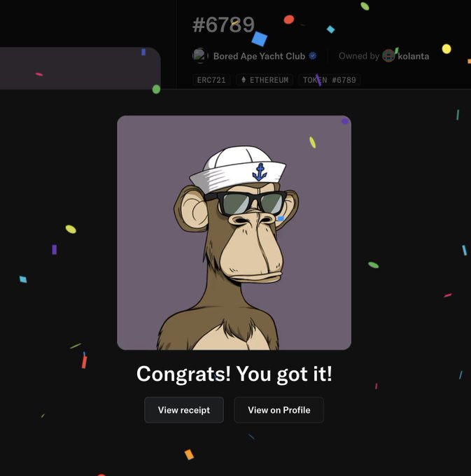 A screenshot showing the successful purchase of Bored Ape Yacht Club NFT #6789 from owner 'kolanta' on the Ethereum blockchain (ERC721), featuring a sailor-hat-wearing ape with sunglasses and the text 'Congrats! You got it!'