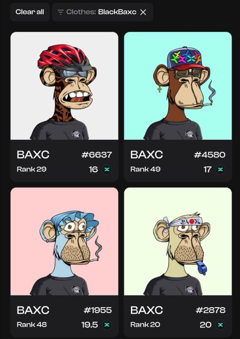 A marketplace interface displaying Bored Ape Yacht Club (BAXC) NFTs with various traits, showing four different apes with different ranks (29, 49, 48, 20) filtered by the "BlackBox" clothes trait.