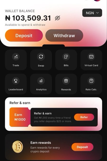 The image shows a QuickChain app dashboard featuring a wallet balance of ₦103,509.31 NGN, with action buttons for Deposit and Withdraw, alongside service icons for Trade, Swap, Bills, Virtual Card, Leaderboard, Analytics, Rewards, and Rate Calculator, plus a "Refer & earn ₦1000" promotional banner. The screenshot visually reinforces the post's claim of an all-in-one crypto platform by displaying the various services (buy/sell crypto, swap, gift cards, bills) accessible from a single interface.