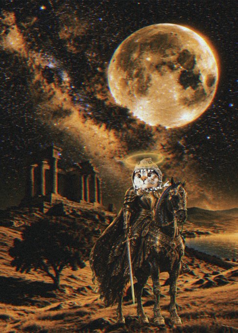 An armored cat knight on horseback stands beneath a massive moon, near ancient ruins in a starry, cosmic landscape—imagery that evokes the epic, legendary status implied by the post's bold claim that "Shark cat will be the first," presenting it as a pioneering, foundational crypto project worthy of mythic reverence.