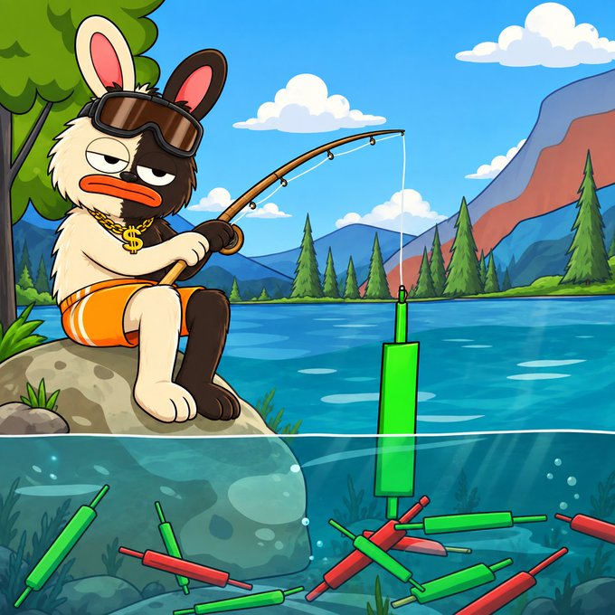 A cartoon rabbit wearing ski goggles, a gold chain with a dollar sign pendant, and orange shorts sits on a rock fishing in a scenic mountain lake, using its bait to lure a cluster of green and red syringe-shaped objects underwater that form a candlestick chart pattern, humorously visualizing the "BORO" airdrop scheme mentioned in the post as an attempt to hook wallets into a potential pump-and-dump trap.